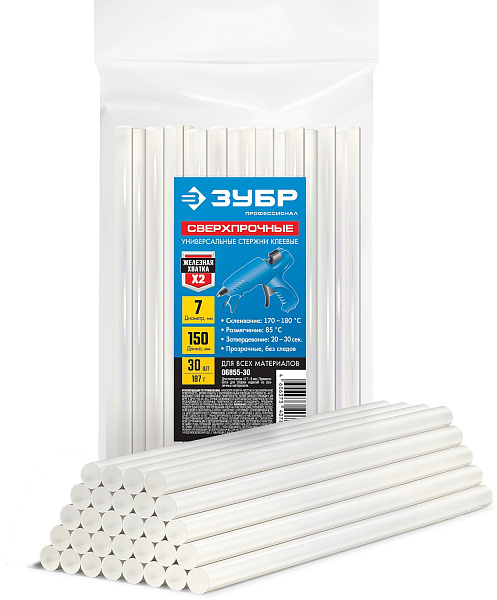Клеевые стержни 7 х 150 мм, 30 шт, сверхпрочные прозрачные ЗУБР Профессионал/06855-30 картинка №1